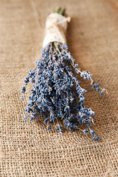 Flores de lavanda em fundo de pano de saco — Fotografia de Stock