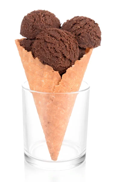 Tasty chocolate ice cream in waffle cone, isolated on white — Stock Photo, Image