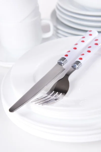 Set of white dishes close-up — Stock Photo, Image