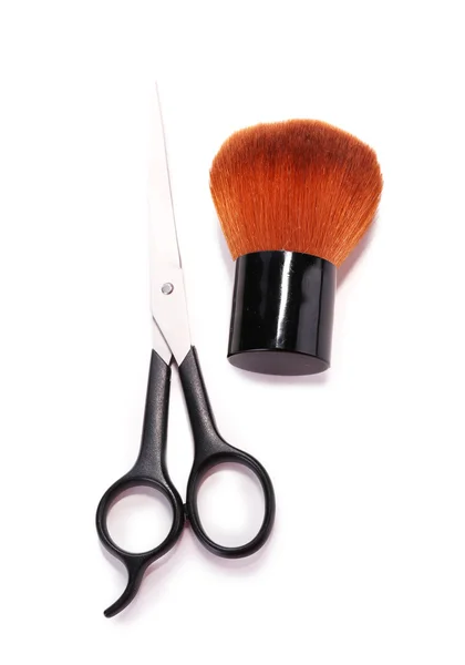 Make-up brush and scissors isolated on white — Stock Photo, Image