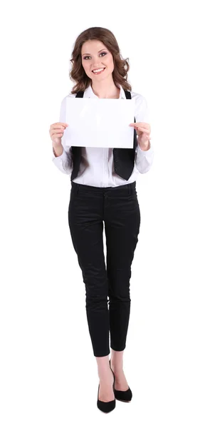 Joven mujer de negocios con papel vacío aislado en blanco — Foto de Stock