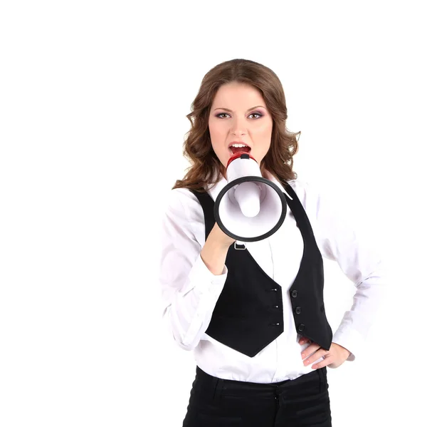 Young business woman with megaphone isolated on white — Stock Photo, Image