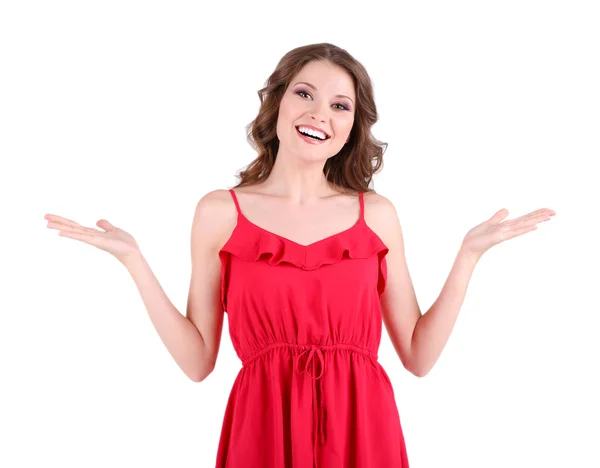 Hermosa joven en vestido rojo aislado en blanco — Foto de Stock