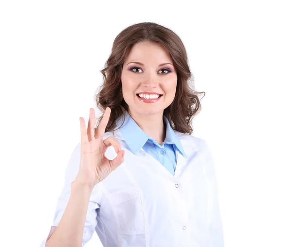 Jonge mooie dokter geïsoleerd op wit — Stockfoto