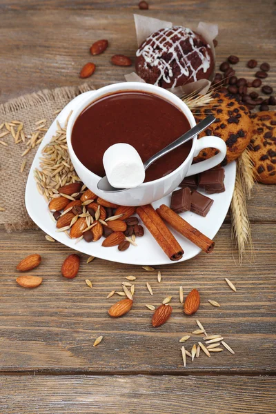 Cup of hot chocolate on table, close up — Stock Photo, Image