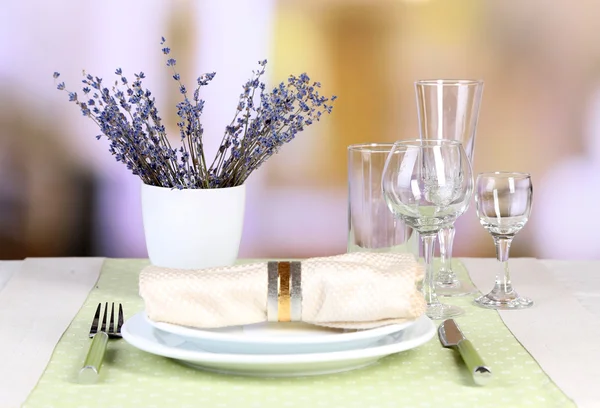 Dining table setting with lavender flowers — Stock Photo, Image