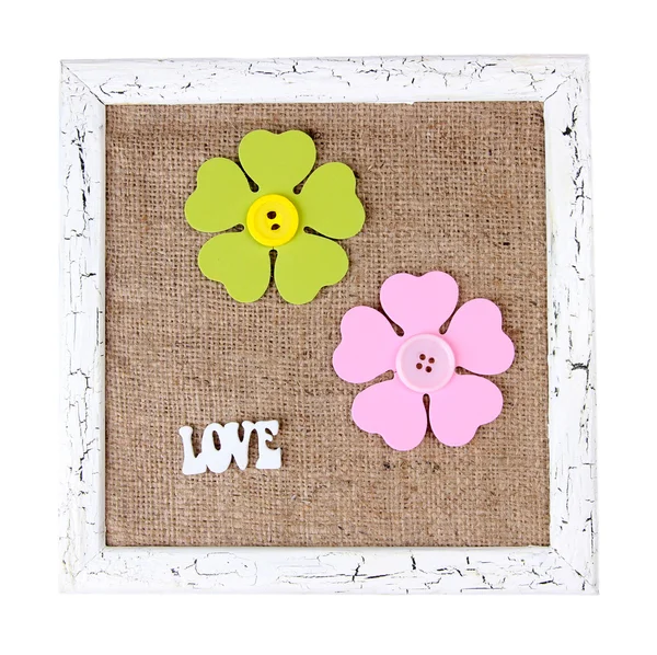 Houten frame met decoratieve bloemen geïsoleerd op wit — Stockfoto