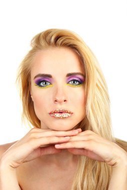 güzel bir kadın ile üzerine beyaz izole, parlak bir makyaj