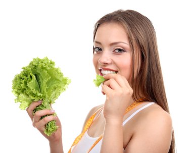 marul ve ölçme üzerinde beyaz izole bant ile güzel kız