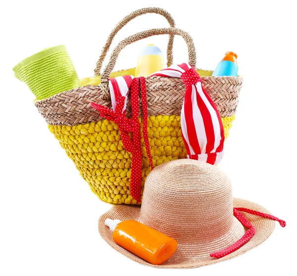 Wicker bag and swimsuit — Stock Photo, Image