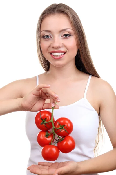 漂亮的女孩，有西红柿，与白色隔离 — 图库照片