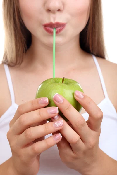 Menina bonita com suco, isolado em branco — Fotografia de Stock