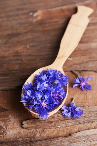 Cornflowers in wooden spoon on table close-up — Stock Photo, Image