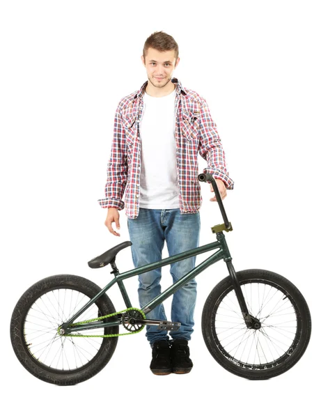 Mladík na kole bmx izolované na bílém — Stock fotografie