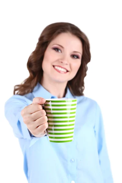 Молода бізнес-леді з чашкою — стокове фото