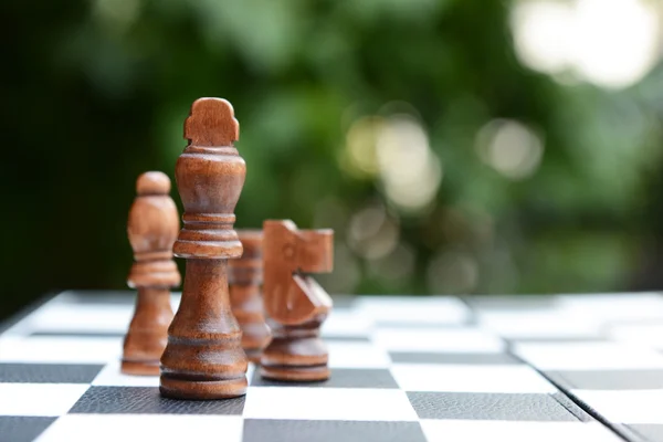 Chess board with chess pieces on bright background — Stock Photo, Image