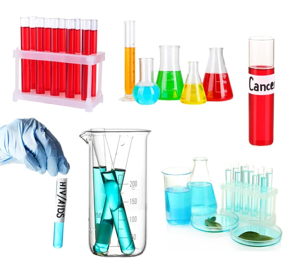 Colagem de diferentes vidrarias de laboratório isoladas em branco — Fotografia de Stock