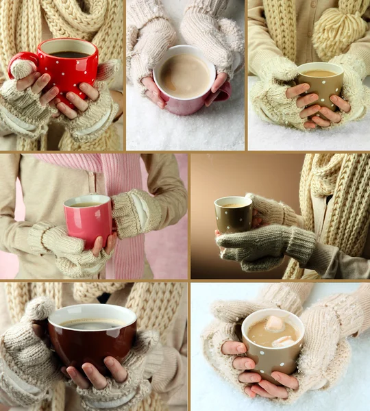 Collage of cup of hot drink in winter time — Stock Photo, Image