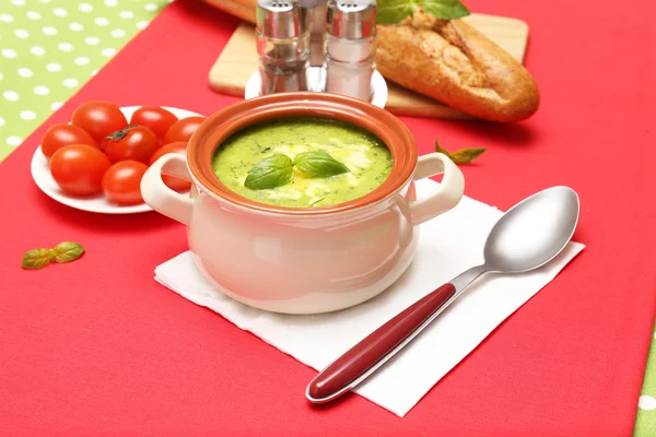 Sopa saborosa na panela na toalha de mesa, close-up — Fotografia de Stock