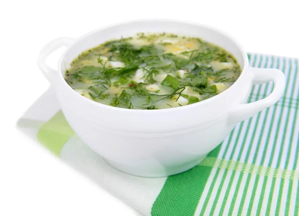 Köstliche grüne Suppe mit Sauerampfer auf dem Tisch in Großaufnahme — Stockfoto