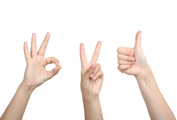 Folk visar olika tecken på händerna isolerad på vit — Stockfoto