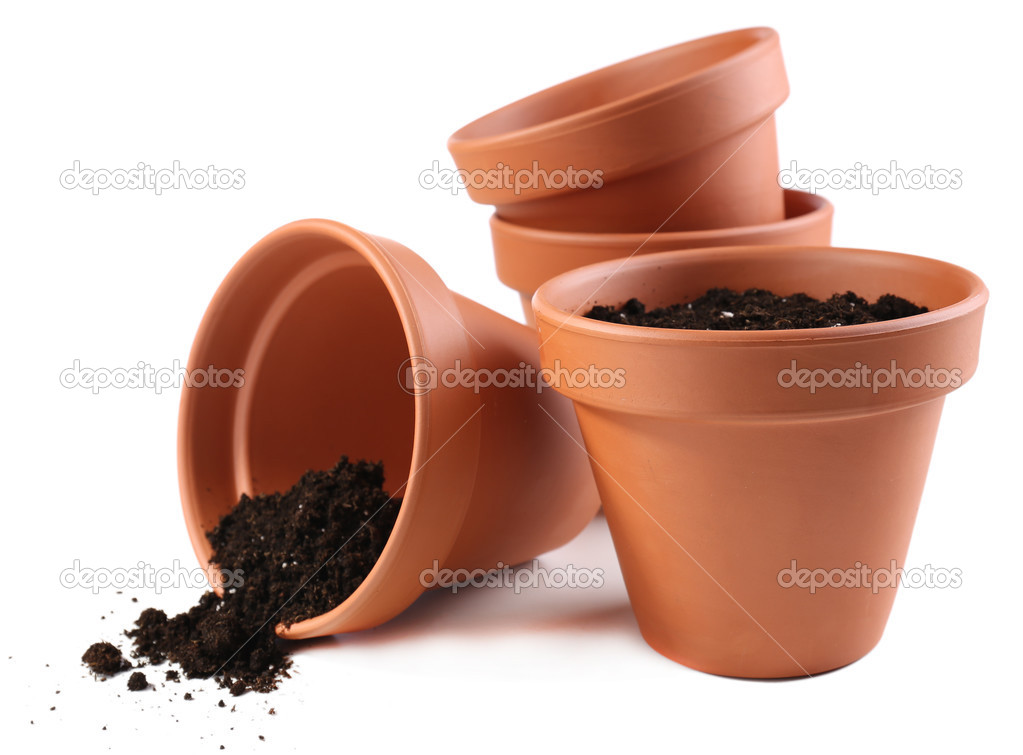 Clay flower pots and soil