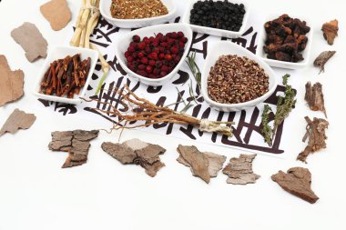 geleneksel Çin Bitkisel Tıp malzemelerin üzerine gerçek olmayan hiyeroglifler, yakın çekim