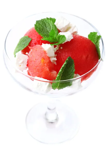 Salad with watermelon, feta and mint leaves in cocktail glass, isolated on white — Stock Photo, Image