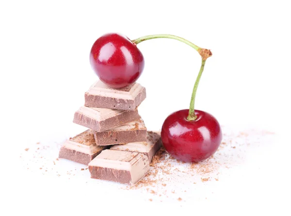 Cherries and chopped chocolate isolated on white — Stock Photo, Image