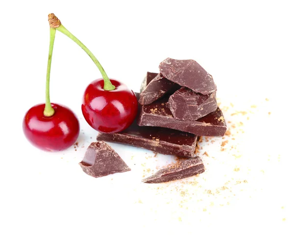 Cherries and chopped chocolate isolated on white — Stock Photo, Image