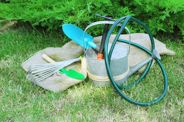 Ferramentas de jardim no fundo de grama verde — Fotografia de Stock