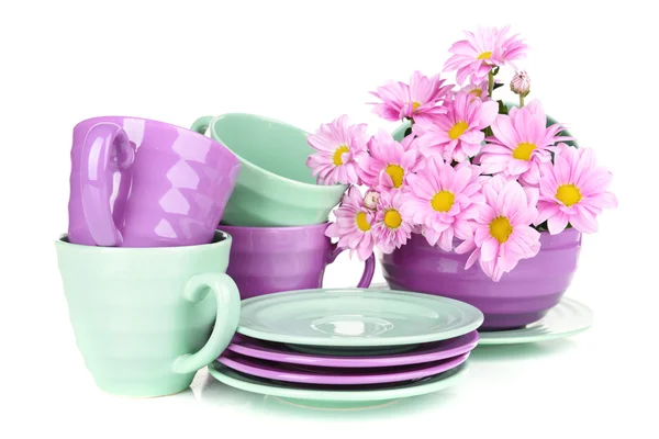Bright dishes with flowers isolated on white — Stock Photo, Image