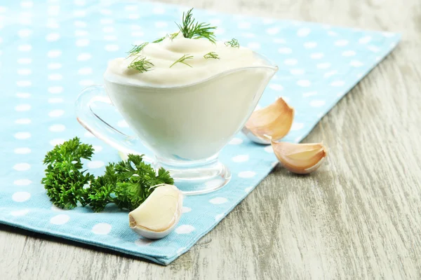 Sour cream on table close-up — Stock Photo, Image