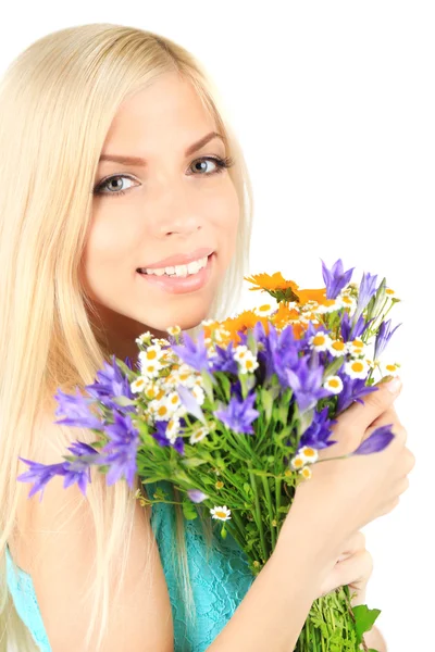 꽃을 든 젊은 여자 — 스톡 사진