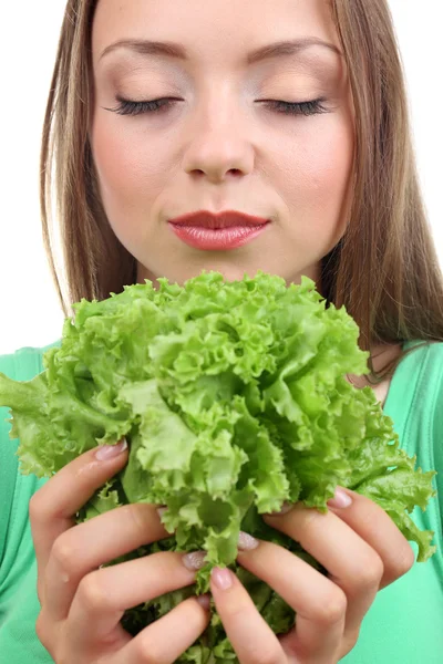 Hermosa chica con lechuga fresca — Foto de Stock