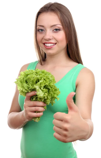 Beautiful girl with fresh lettuce — Stock Photo, Image