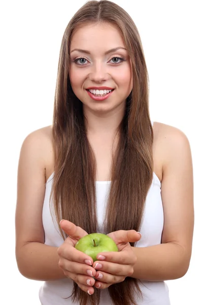 녹색 애플을 가진 아름다운 소녀 — 스톡 사진