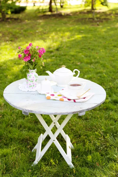 Tetera y taza en la mesa — Foto de Stock