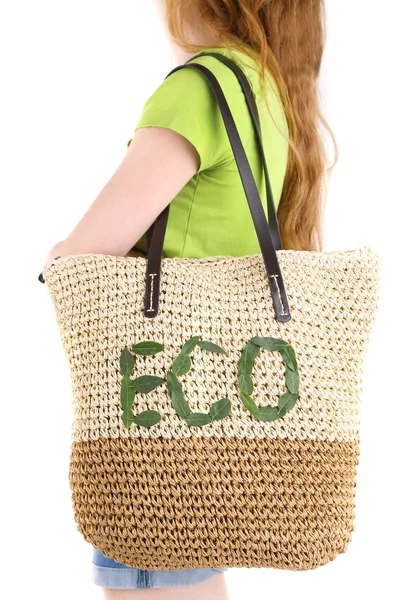 Mujer con bolsa Eco de mimbre — Foto de Stock