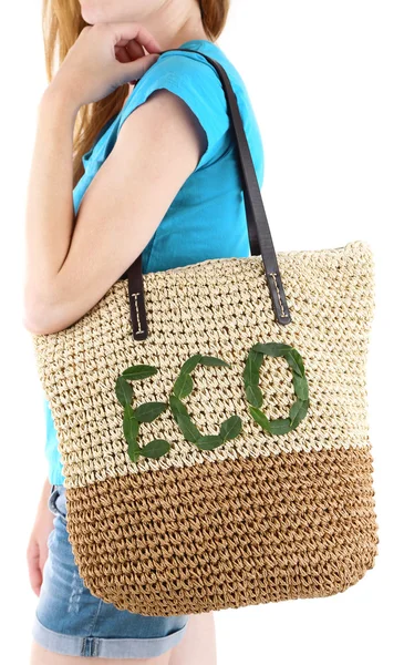 Woman with wicker Eco bag — Stock Photo, Image