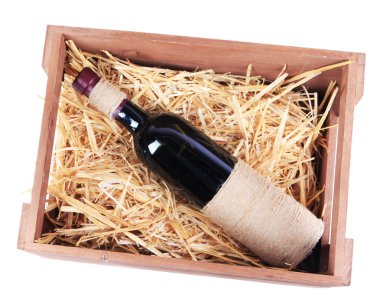 Ahşap kutusunda şarap şişe