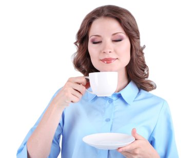 Genç iş kadını ile üzerine beyaz izole Kupası