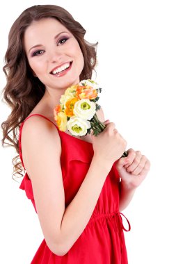 Çiçekli beyaz izole Kırmızı elbiseli güzel genç kız