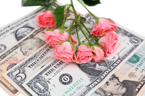 Lindas rosas e dinheiro, de perto — Fotografia de Stock