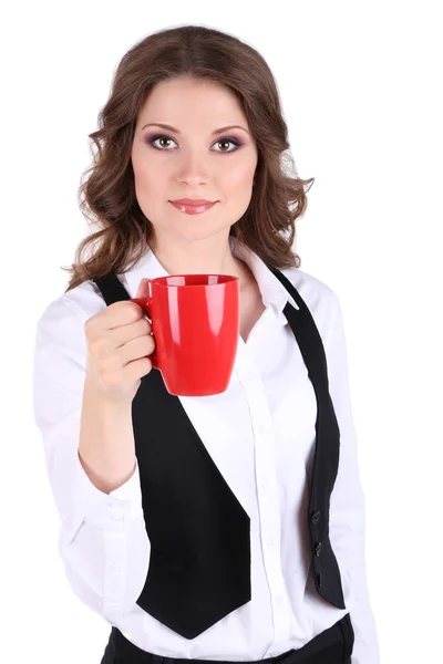 Young business woman with cup isolated on white — Stock Photo, Image