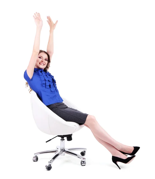 Joven mujer de negocios sentada en silla aislada en blanco —  Fotos de Stock