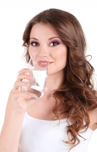 Beautiful young girl drinks water isolated on white — Stock Photo, Image