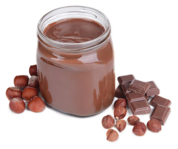 Sweet chocolate cream in jar isolated on white — Stock Photo, Image