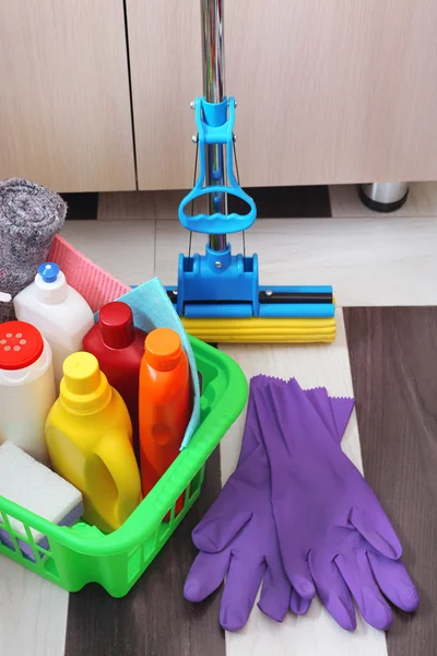 Raccolta di prodotti e utensili per la pulizia — Foto Stock