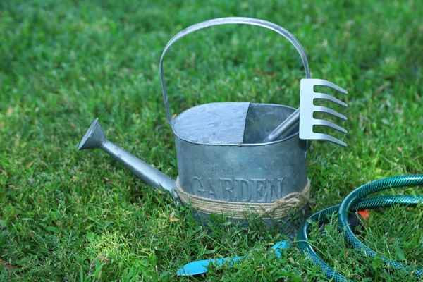 Tuingereedschap op groen gras — Stockfoto